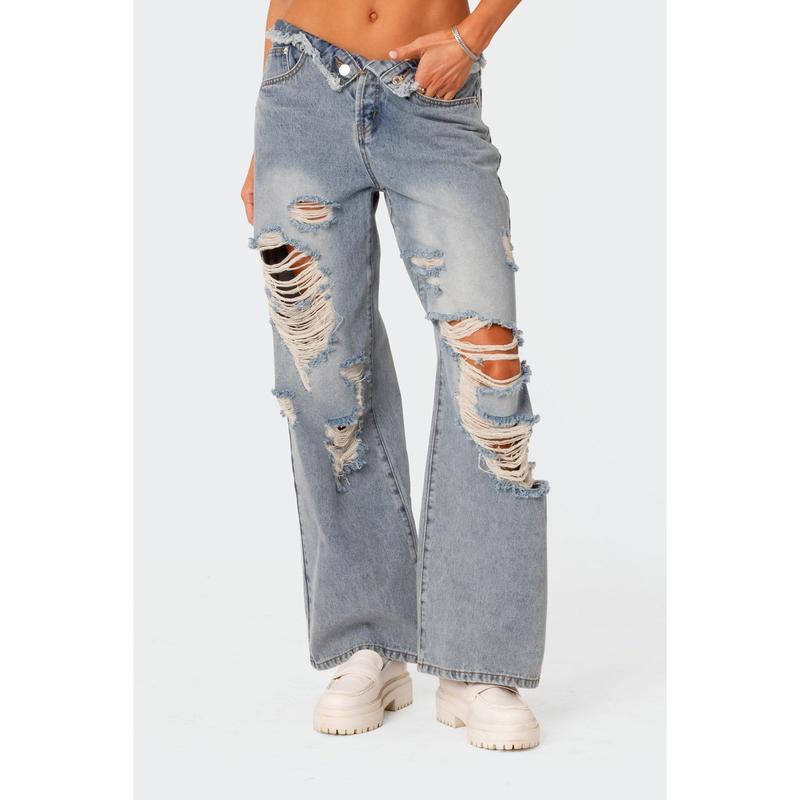 Distressed Fold Over Low Rise Wide Leg Jeans