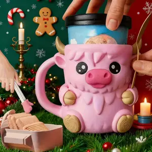 Highland Cow Ice Cream Mug Cup Holder Set, Reusable 3D Printed Cups, Hidden Snack Storage Drawer, Multi-Purpose Beverage Cooler, Party Accessories