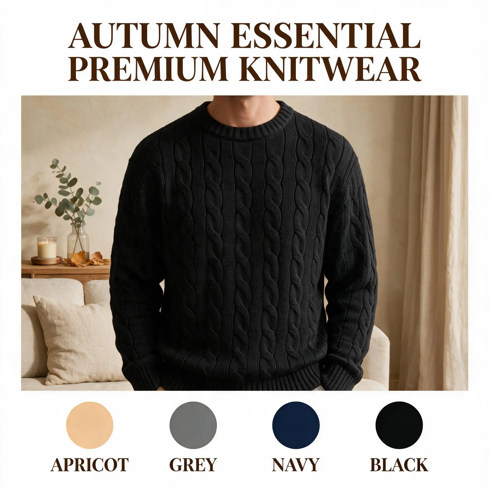 Men’s classic chunky-knit crewneck sweater, casual thick long-sleeve knit pullover, autumn/winter warm basic sweater