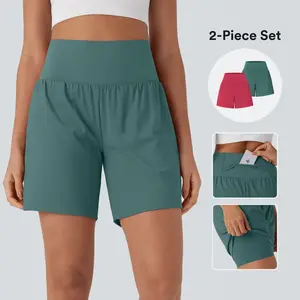 Halara 2-Piece Softlyzero Airy Super High Waisted 2-in-1 Cool Touch Yoga Shorts 7" with Pockets Set