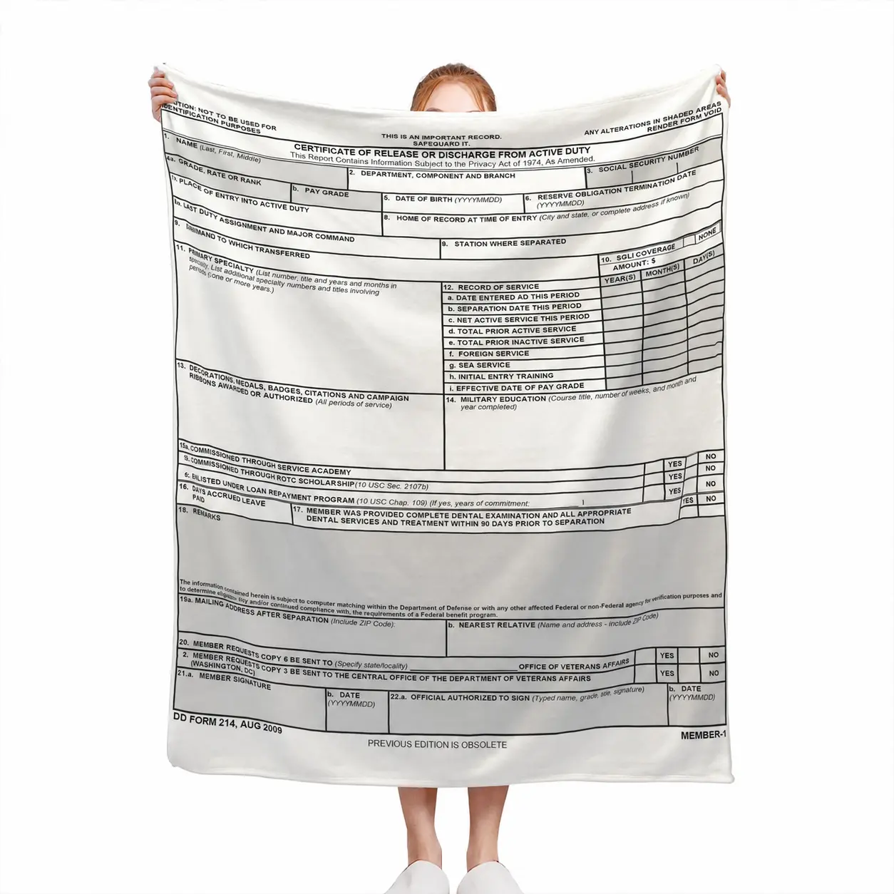 Veteran DD-214 Form Print Flannel Throw Blanket, Soft Lightweight Cozy Blanket for Bed and Sofa