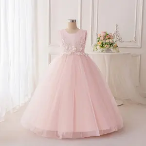 7-12Y Peach Pink 603 Kids Clothes Flower Girls Princess Embroidered Mesh Ball Gown Long Ball Gown Frock Children Formal Evening Party Banquet Pageant Prom Host Cocktail Dress