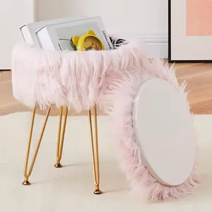 Faux  Storage Ottoman Round Furry Vanity Stool Marble Grain Tray Coffee Table Compact Footrest Stool with 4 Metal  Soft Makeup Seat Foot Stools for Living Room Bedroom Entryway