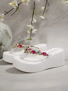 Summer New Rose Rhinestone Metal Decor Thick Sole Wedge Sandals for Women, Outdoor Height Increasing Cool Slippers