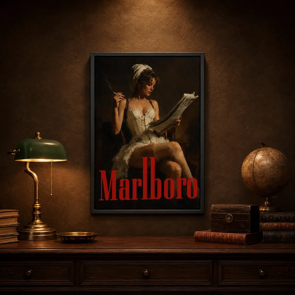 Vintage Marlboro Lady Newspaper Poster, Retro Smoking Woman Wall Art, Dark Academia Pinup Fashion Print, Brown Black Bar Lounge Bedroom Man Cave Decor, Eclectic Gift for Adults, Unframed，Frame