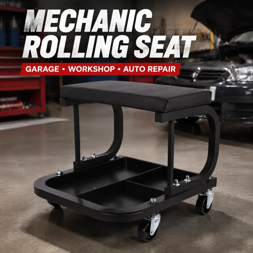 Vancus Rolling Creeper Mechanic Rolling Stool with Wheels, Padded Cushion, Tool Tray Storage, 1 Pack, Black/Red, for Garage Workshop Auto Repair (Workshop Seat)