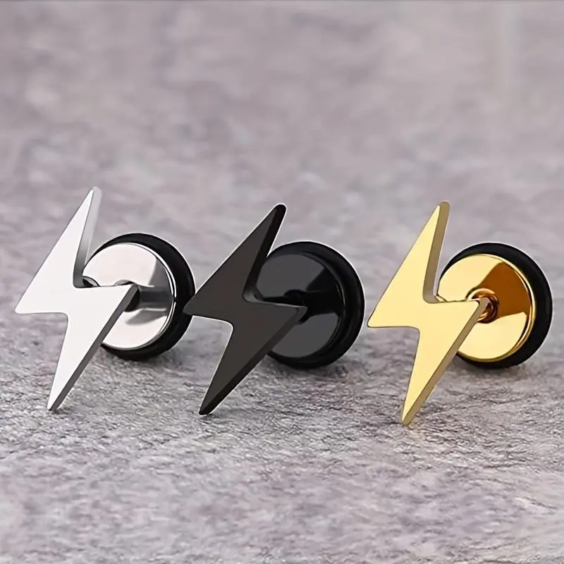 Unisex Edgy Punk Lightning Design Earrings - Black Stainless Steel-Copper, Tarnish-Free, Comfortable Daily Wear Costume Jewelry, Ideal for Friends, Bold Shape, No, Fashion, Lightweight, Black Metal Earrings