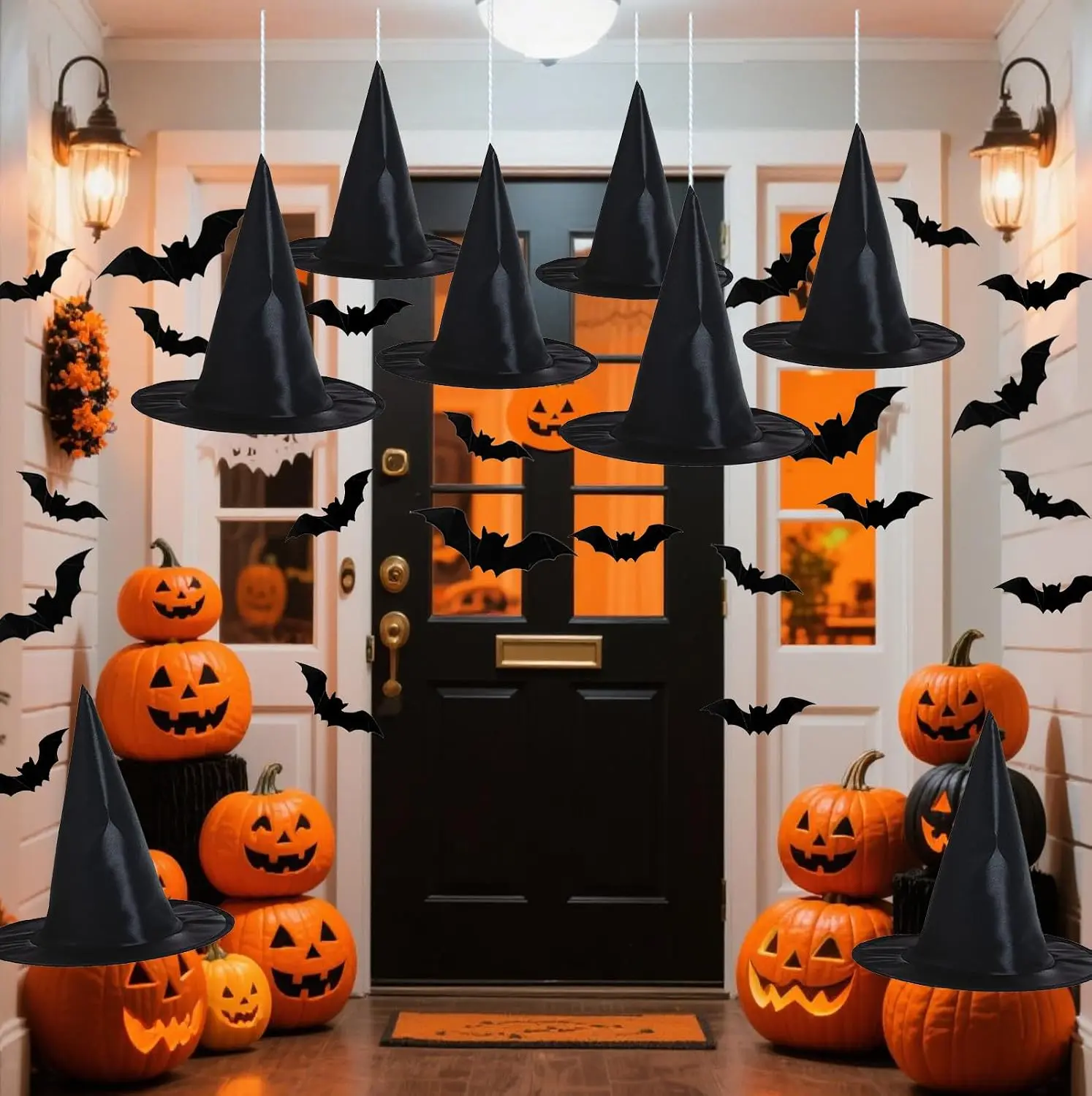 Spooky Halloween Decorations Kit - 8PCS Plastic Witch Hats, 32PCS 3D Plastic Bats, Indoor-Outdoor Home Festive Party Supplies for Porch Decor, Party Favors Set