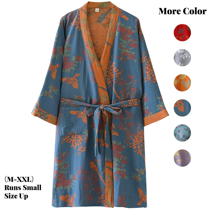 【Runs Small, Size Up】Women's Basic Cute Fashion Cotton Gauze Jacquard Weave Vintage Flowing Tie Front Knee-Length Lightweight Japanese Ethnic Yukata Bathrobe - M, Sleepwear Loungewear (Bathrobes & Dressing Gowns)