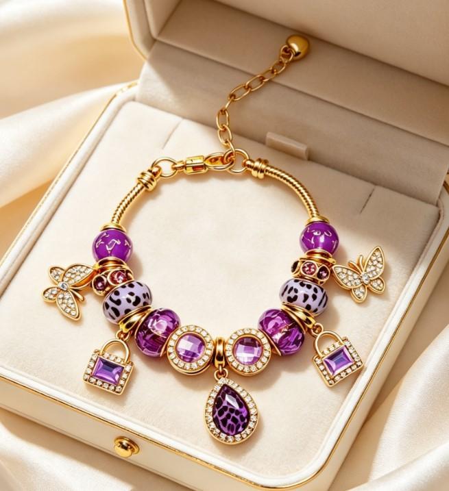 Purple Leopard Crystal Charm Bracelet for Women, Gold Plated Butterfly Lock Teardrop Amethyst Beaded Snake Chain Bracelet, Elegant Jewelry Gift for Birthday Anniversary