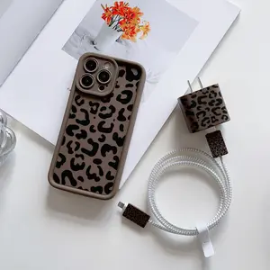 6 Piece Set Vintage Leopard Print Phone Case, Charger Head Cover, Cable Protector, Storage Rope, Data Line Protection, iPhone 6-17 Pro Max