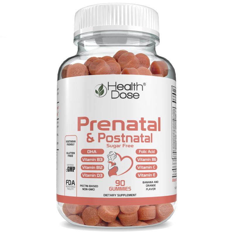 Health Dose Prenatal Vitamins, DHA & Folic Acid, Gluten & Sugar Free Vitamin B6, B12, C + Zinc for immunity 90 Count Gummies.