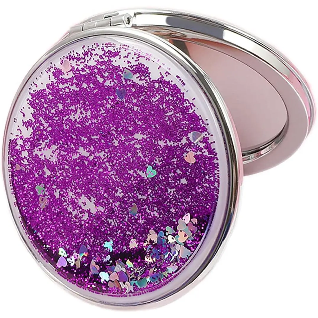 Creative Quicksand Makeup Mirror Double-Sided Portable Compact Mirror Glitter Foldable Fashion Hand Mirror Portable Travel Pocket Mirror (Round-Purple)