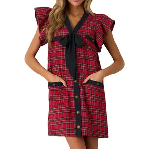 Women's Red Plaid Mini Dress V Neck Ruffle Sleeve Bow Button Front Shift Dress with Pockets Casual Comfy Chic Boho Preppy Style