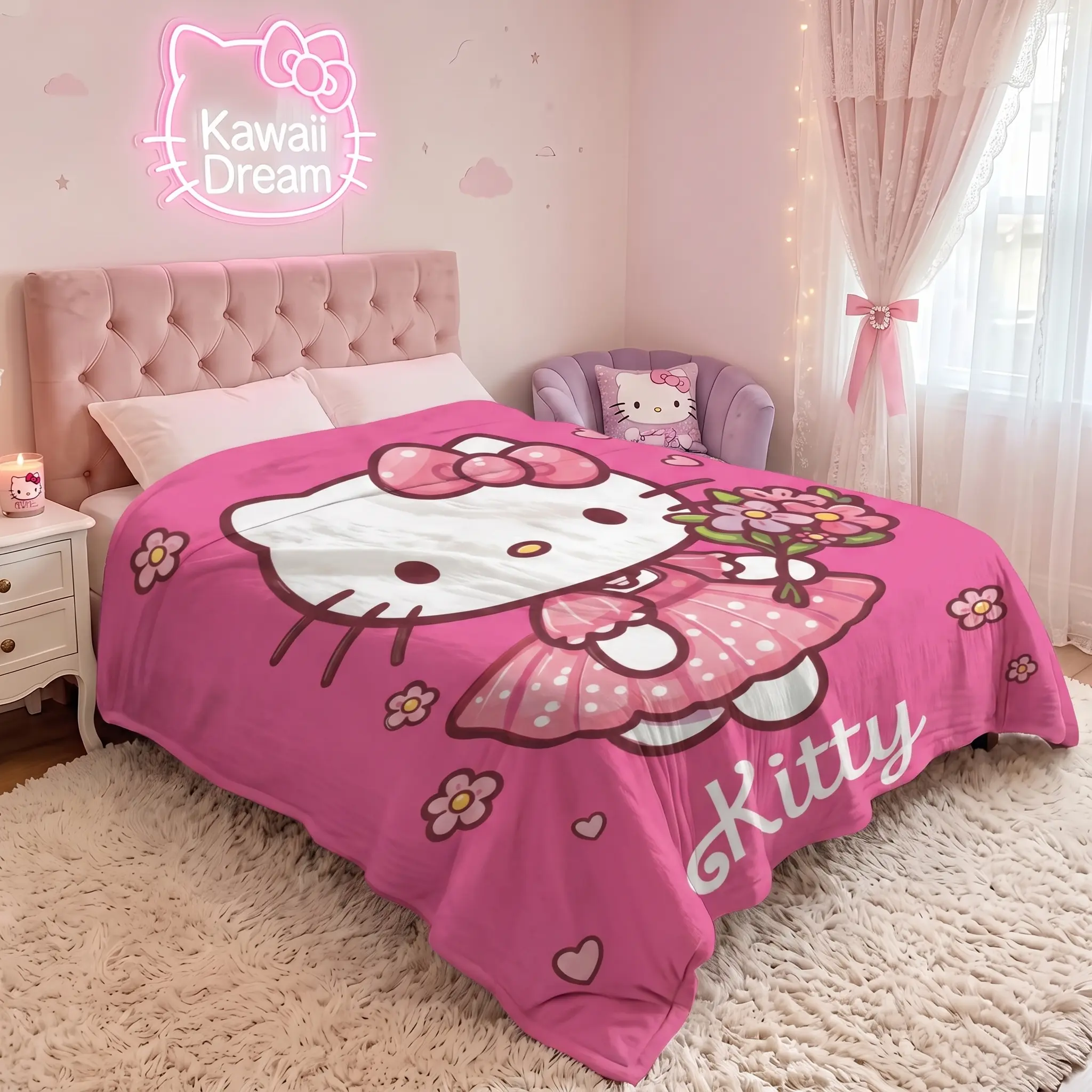 Sanrio Hello Kitty Multi-Size Flannel Bedroom Sofa Blanket, Vibrant Pink 2D Kitty Floral Bow Design, Fluffy Cozy Blanket for Cozy Sofas & Fans
