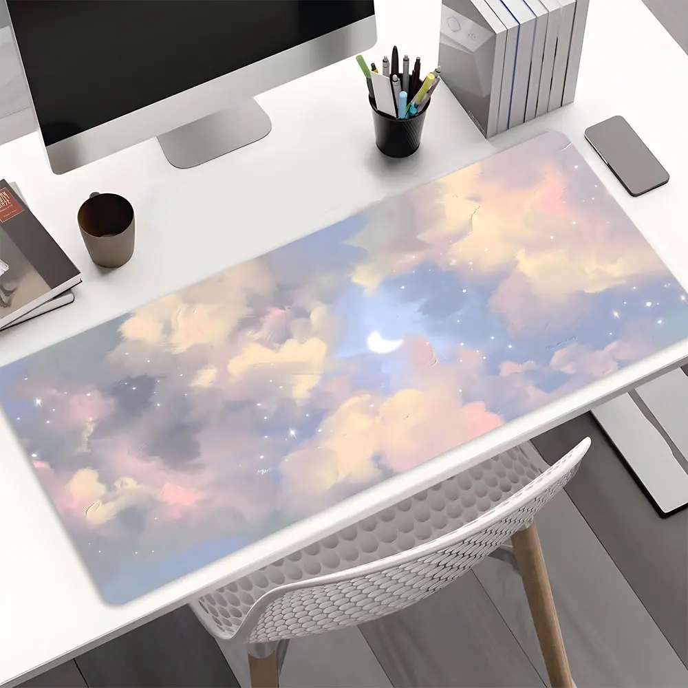 Dreamy Pastel Clouds Moonlit Sky Large Gaming Mouse Pad, Washable Aesthetic Office Desk pad Non-Slip Rubber Base Stitched Edge Best For Desk Laptop For Home Office Game Gift For Friends Family Boyfriend/Girlfriend Gaming Enthusiasts, Desk Accessory