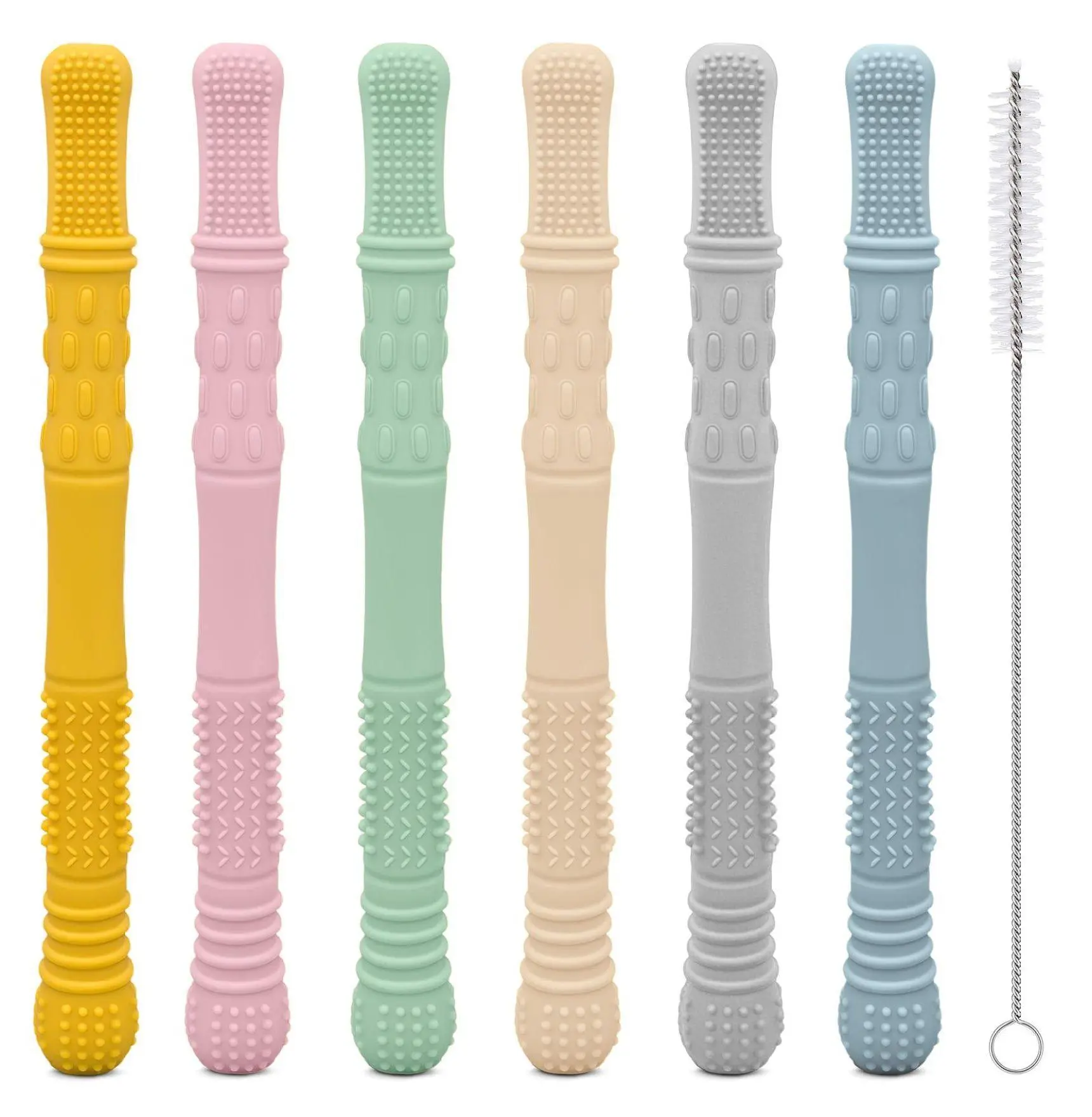 6-Pack Silicone Teething Straws for Babies - 17cm Chew Tube Sensory Teether, Brush Texture, Unisex Teething Relief Set for Gum Soothing & Early Oral Care (Neutral Colors)