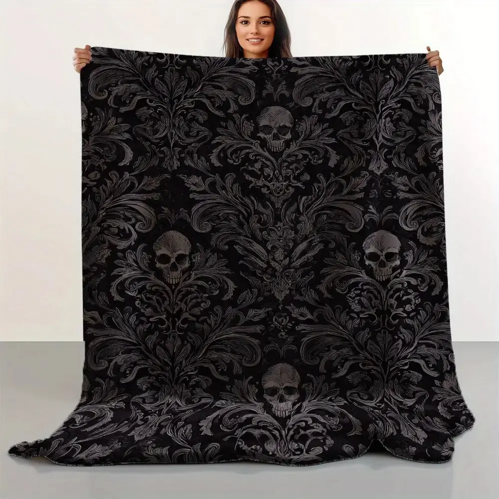 Skull Throw Blanket, Gothic Black Blanket with Victorian Floral Design, Dark Aesthetic Home Decor Blanket for Sofa Bedroom Living Room, Halloween Gothic Gift, Soft Warm Cozy Fleece Blanket