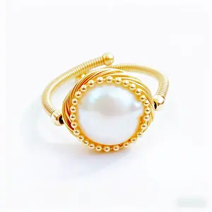 Baroque pearl ring with gold wire wrapping design, adjustable strap for girls' daily clothing, date night birthday gift, anniversary gift, Christmas gift Trendy
