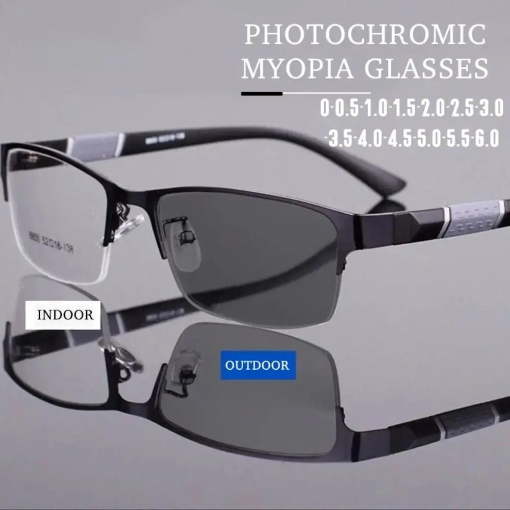 PC Resin Photochromic Myopia Glasses Strength: -0~-4.0x Black+Blue Reading Glasses Rectangle Half Frame Presbyopia EyeglassesGift.