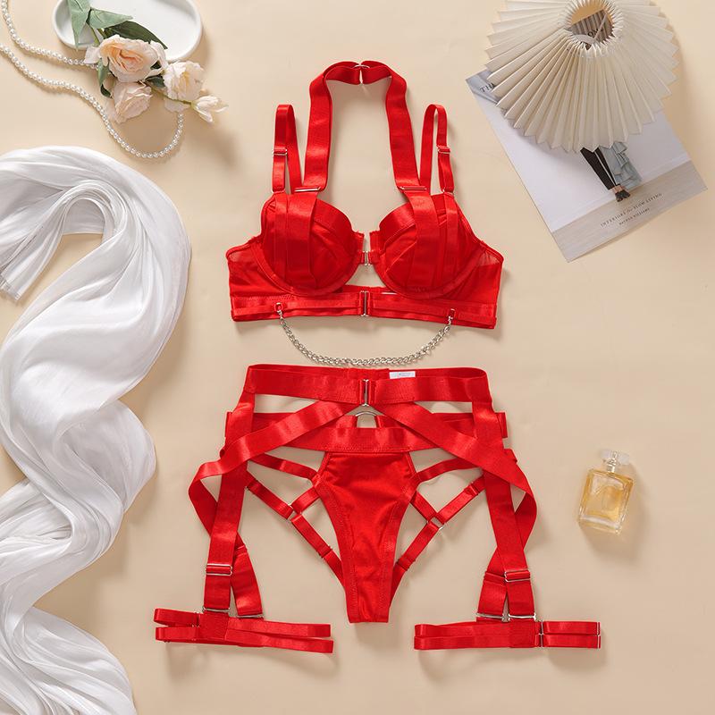Women's Red & Black Satin Lingerie Set , Chain Detail Harness Bustier with Crisscross Garter Straps, Sexy 2 Piece Lingerie for Valentine's Day/Anniversary/Honeymoon, Hot Selling Lingerie for Women, Sneaky Lingerie for Bedroom plus Pu Leather Strappy Belt