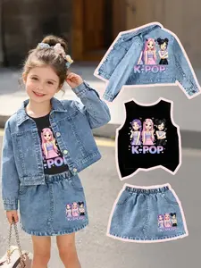Three-Piece Denim Set with Adorable Prints for Young Girls Inspired by Korean Pop Band, Includes Jacket, Skirt, Sleeveless Top, Perfect Gift for Outdoor Activities
