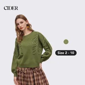 Cider [size 2-10] Knit Round Neckline Leaf Braid Oversized Sweater, Womenswear Christmas