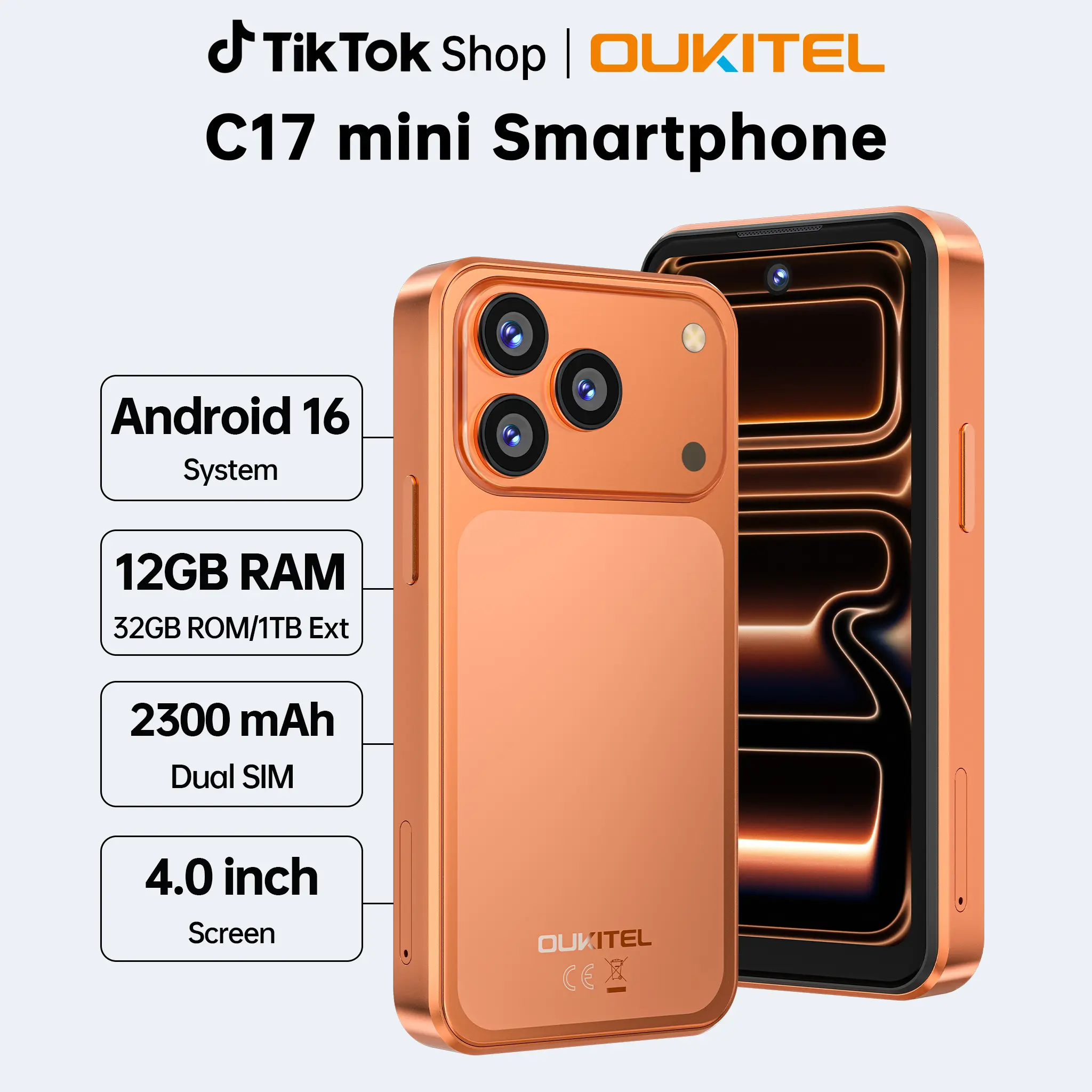 OUKITEL C17 Mini Smartphone, 4" Compact Android 16 Mobile Phone, Up to 12(3+9)GB RAM + 32GB ROM, 13MP Camera, Dual SIM, 2300mAh, Gemini AI, Pocket-Size Backup Phone
