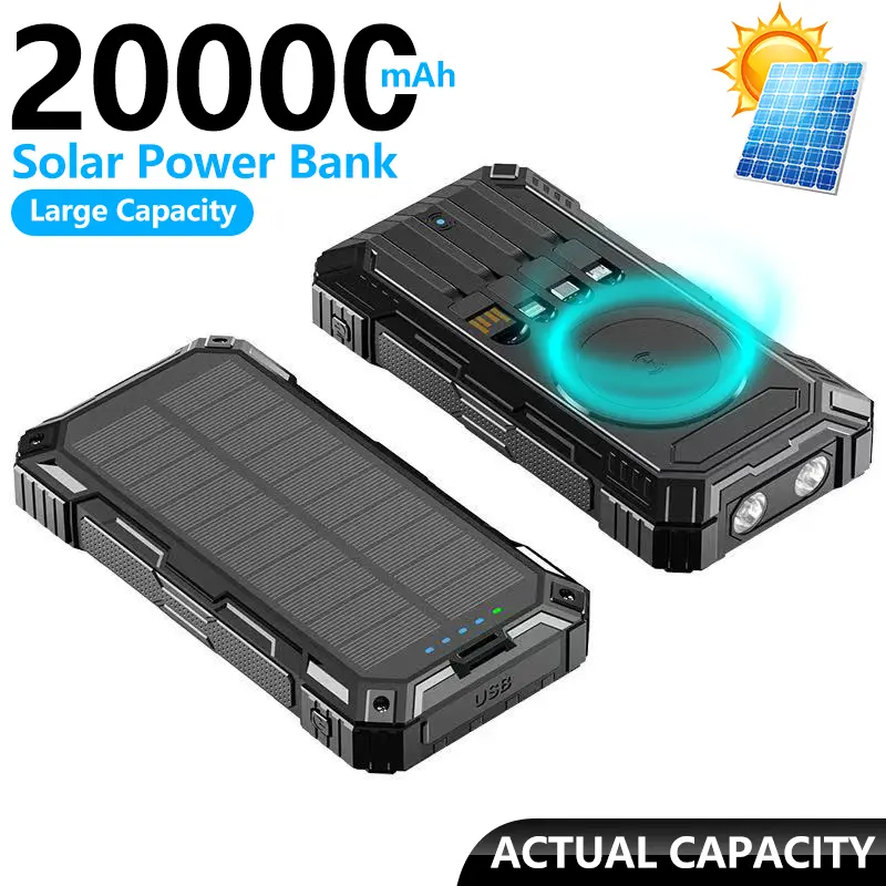 20000mAh Ultra-highcapacity Solar Portable Charger, Waterproof Shockproof Dustproof Outdoor Power Bank,Fast Charge Wireless Powerbank with Built-in Cables, LED Flashlight SOS Strobe Light, 6 Devices Simultaneous Charging for Camping Hiking Eme rgency Trip