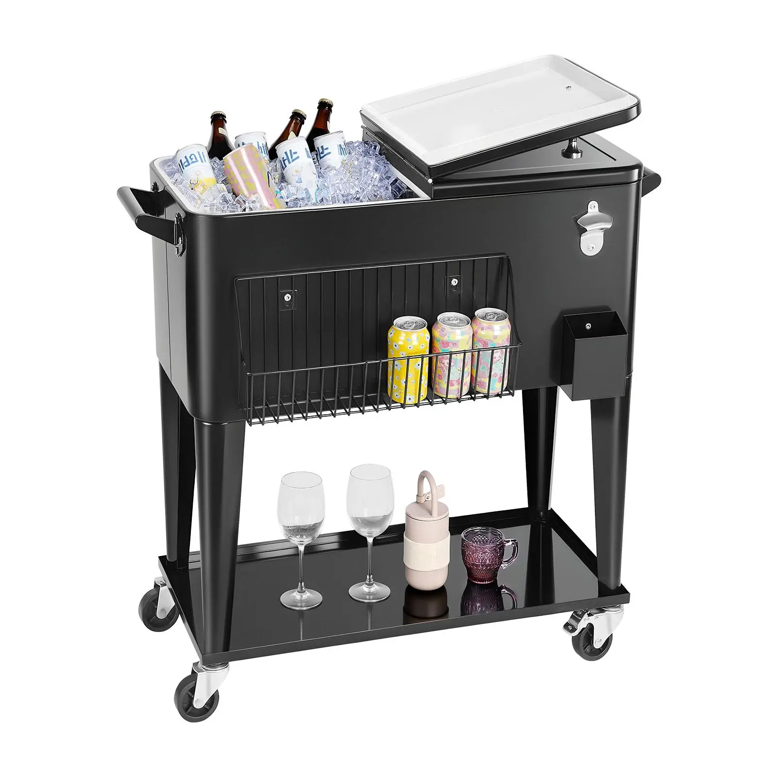VEVOR 80 Quart Rolling Ice Chest,  Holds up to 50 Bottles / 110 Cans, Portable Patio Party Bar Drink Cooler Cart with Bottom Shelf, Beverage Pool with Side Basket and Bottle Opener, Black#BackToSchool