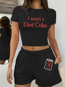 Women's Casual 2-Piece Set, I Need a Diet Coke Letter Print, Loose-Fitting, Regular Length, All Seasons, Daily Wear
