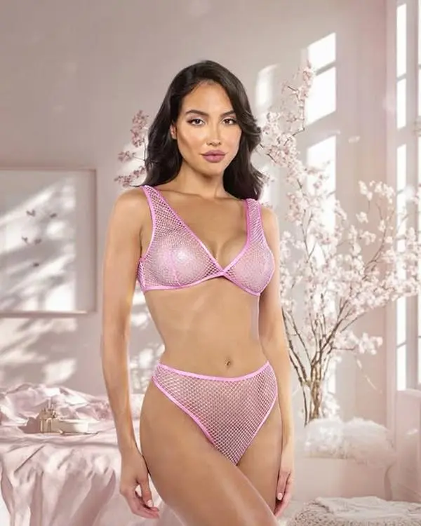 Think Pink Rhinestone Bralette 2-Piece Short Set