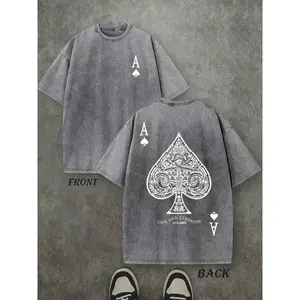 Retro Washed T-Shirt Double Sided Printed (230 Pure Cotton T-Shirt) 'LUCK AND STRENGTH'  Letter And Ace Of Spades Pattern Print, Men's T-Shirt, Men's Casual, Comfortable, Fashionable T-Shirt, Street Style Cotton