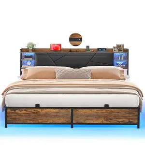 Homieasy King Size Bed Frame with Smart RGB LED Lights and Charging Outlets, Sturdy Platform Bed with Upholstered Headboard, Heavy Duty Metal Slats, No Box Spring Needed, Easy Assembly, 	Rustic Brown