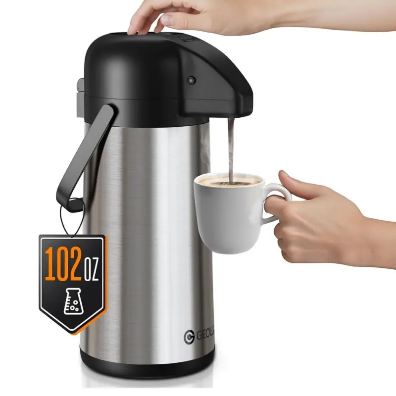 Airpot Coffee Carafe 102 OZ/3L – Large Thermal Beverage Dispenser with Pump, Stainless Steel Insulated Coffee Urn for Hot Drinks, Tea, Water, Chocolate – Portable Hot Liquid Thermos for Catering, Office, Events, and Party Use