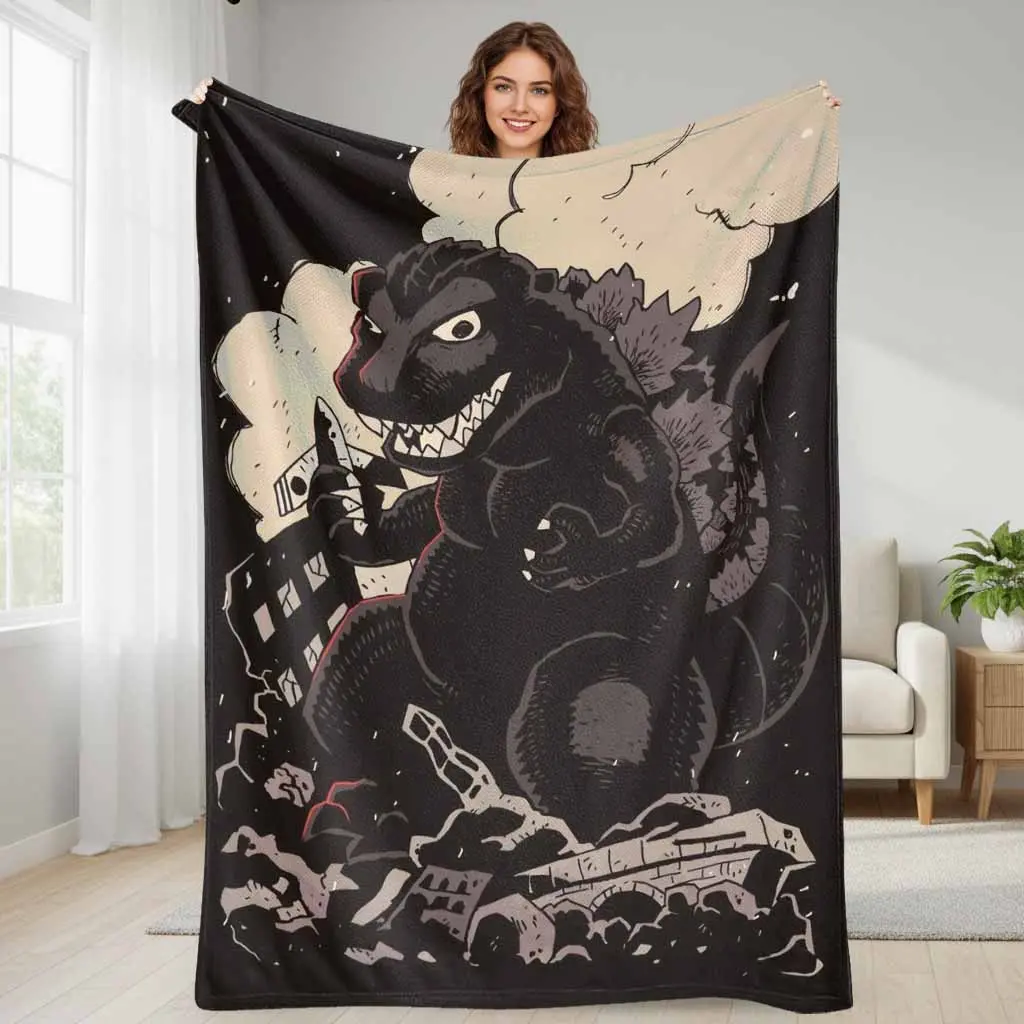 Godzilla Flannel Blanket Kaiju Monster Anime Print Soft Cozy Lightweight Warm Durable Plush Throw for Sofa Bed Bedroom Movie Night Gaming Dorm Travel Gift Decor Use
