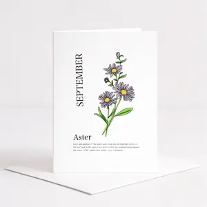 This gift feels personal and meaningful, Birth Month Flower Greeting Card, September Aster floral card, symbolic flower meaning design with minimal aesthetic style, thoughtful keepsake gift for mom friend or loved one, unique and heartfelt surprise
