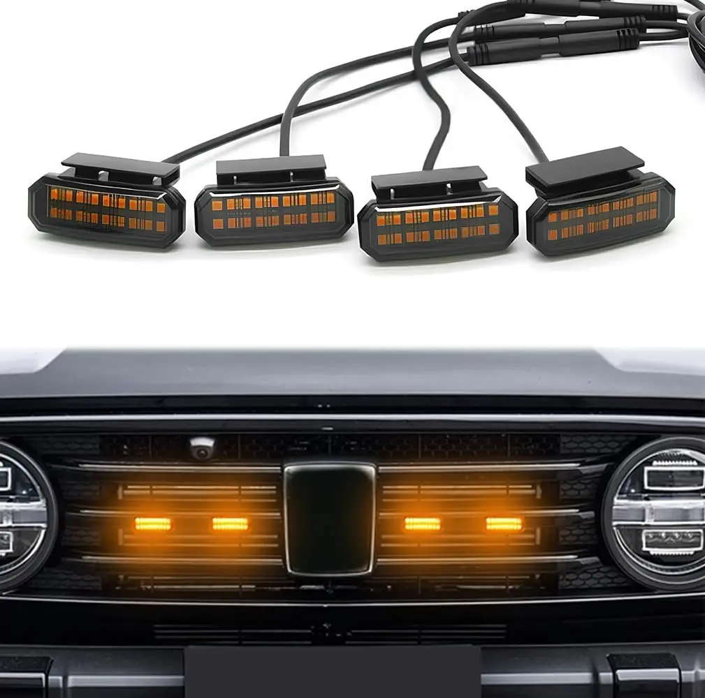 4PCS Universal Clip-On Automotive Car Light - Dual LED Amber Front Grille Auxiliary Lights with Wiring Harness, Fuse, Upgraded Buckle Design, Vehicle Accessories