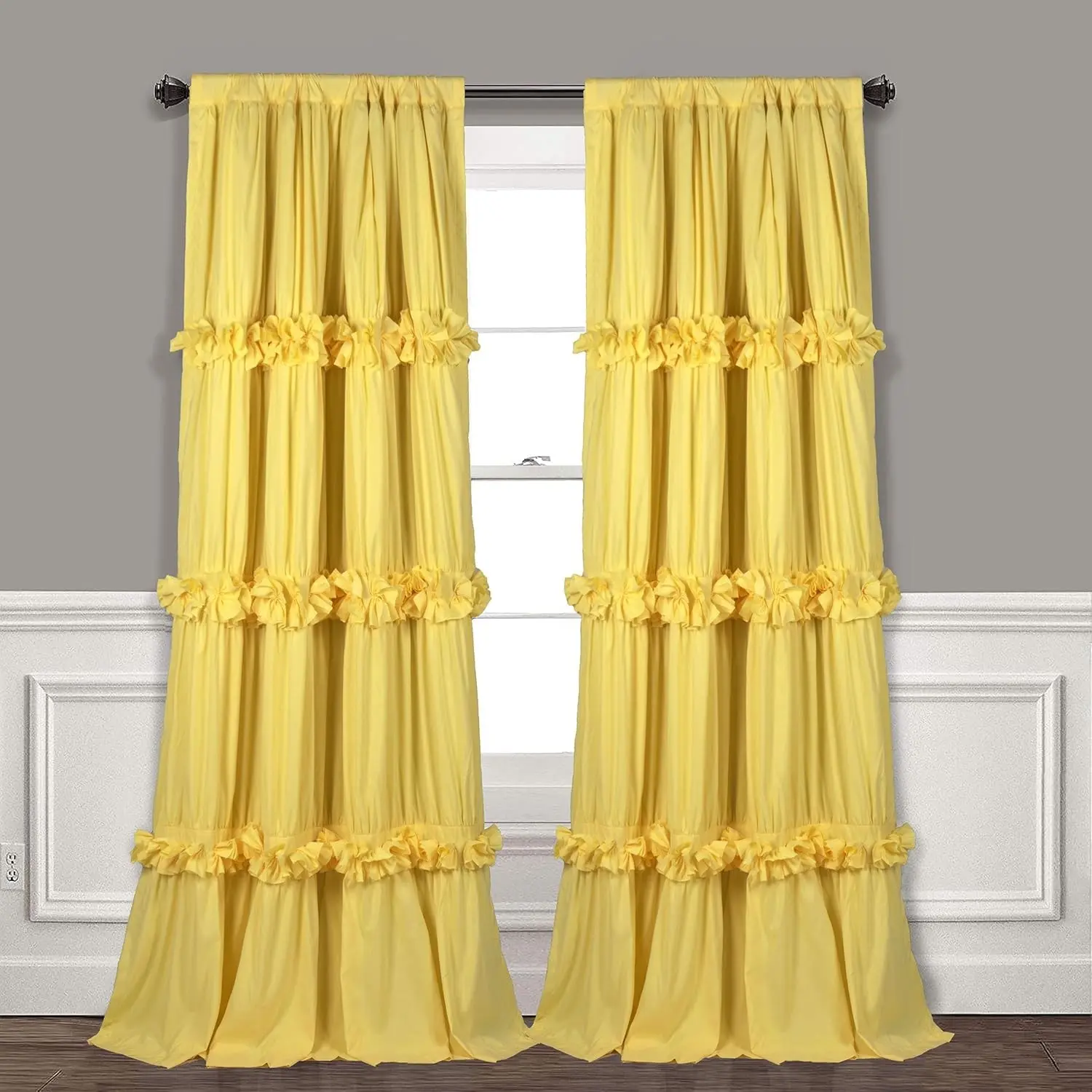 Homechoice Decor Thermal Insulated Blackout Window Curtains, 54" W x 84" L x 2 Panels, Boho Ruched Window Treatments with 3 Rows of Butterfly Flowers, Rustic Rod Pocket Drapes, Bright Yellow (LQ-30)