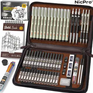58pcs for art Mechanical Pencil Set in Leather Case, Drawing Supplies Kit, Sketching Set with 6 Metal Mechanical Pencils 0.5&0.7&0.9&2Mm, 12 Fineliner Pens & Sketch Book, Erasers Lead Refills for Artist Drafting-School Supplies