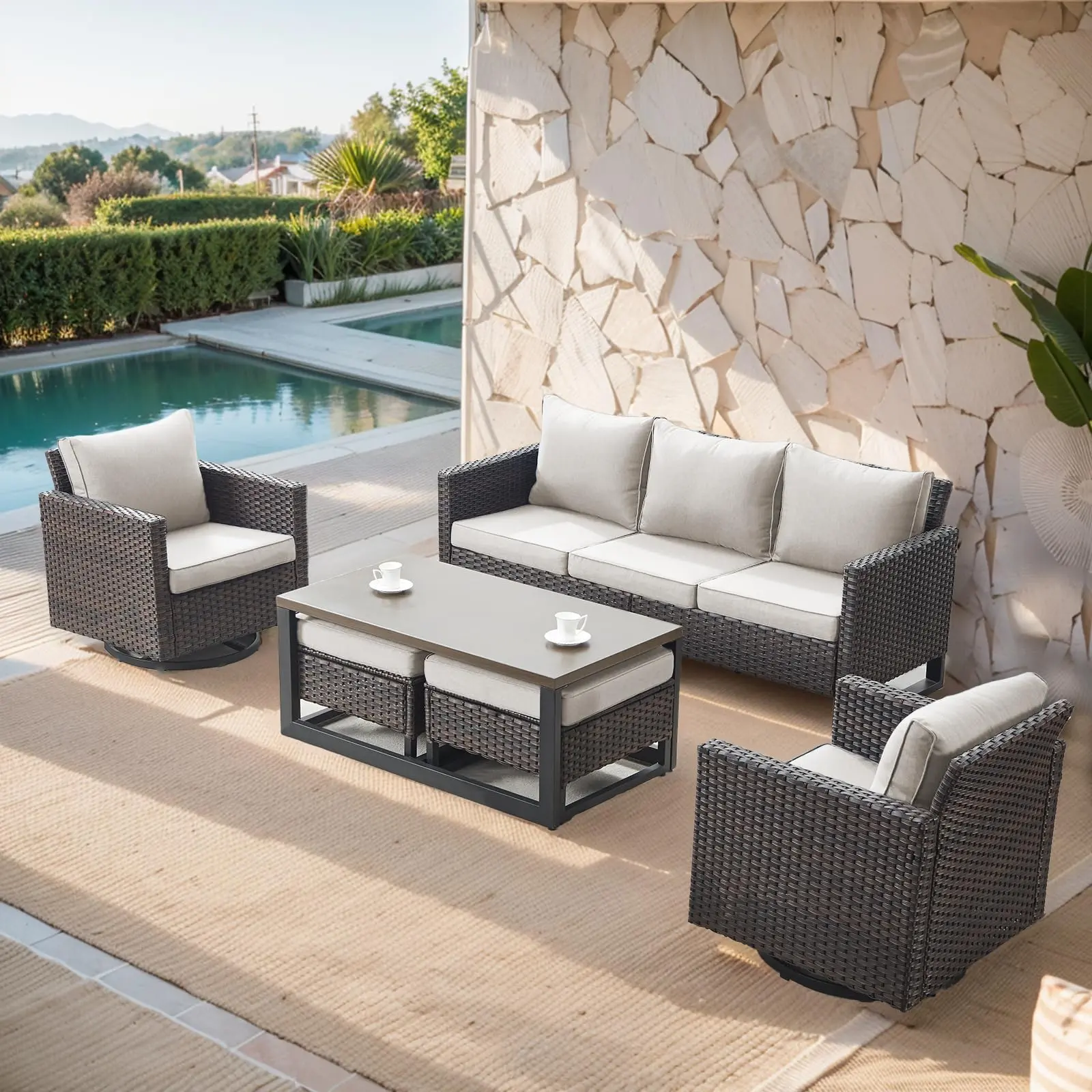 【4 Packages Shipping】6-Piece Wicker Patio Set, Sofa, Swivel Glider Chairs & Table, GRS Series