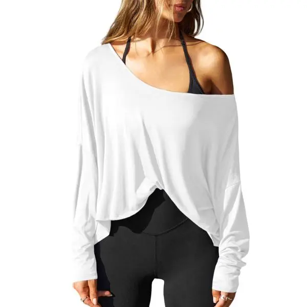 Fisoew Womens Off the Shoulder Tops Oversized Batwing Long Sleeve Workout T Shirts Asymmetrical Casual Tee