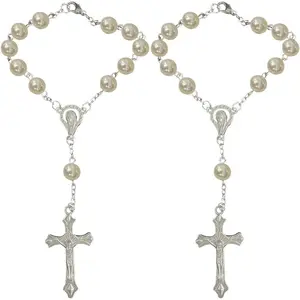 smilfuy 2PCS Car Rosary for Rearview Mirror, White Rosary Pendant Car Interior Rear View Mirror Charm Auto Decors, Car Medal and Cross Personalized Hanging Accessories for Women Men (White)