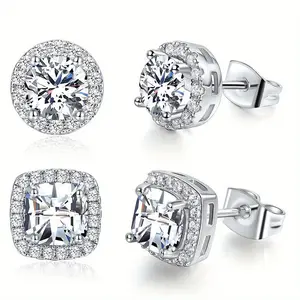 2Pairs Hypoallergenic Cubic Zirconia Stud Earrings - 14K Gold/Silver Plated Stainless Steel, Round & Square Halo Earrings, Luxury Bridal Jewelry for Everyday Wear