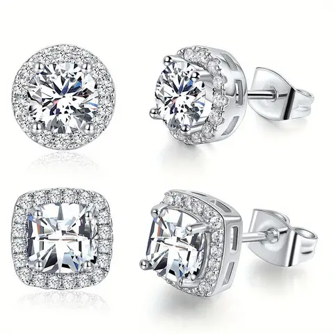 2Pairs Hypoallergenic 316L Stainless Steel Cubic Zirconia Stud Earrings - 14K Gold/Silver Plated, 10mm Geometric Round/Quadrilateral Full Halo, Gold-Colored Round Rings, Luxury Daily Bridal Costume Jewelry