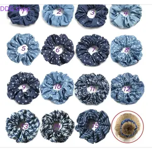 Denim Fabric Scrunchies, Stylish Printed Sporty Sports Headbands in Various Light-Dark Shades, Fashionable Hair Accessories