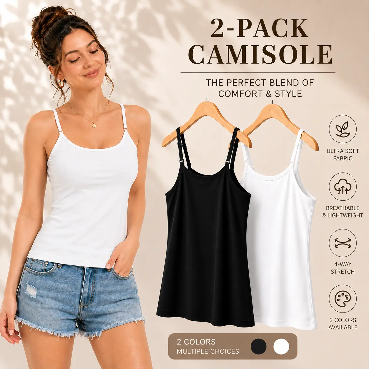 【2 Pack】Women Camisole Tank Tops Basic Spaghetti Strap Cami Sleeveless Slim Fit Layering Shirts No Built In Bra Soft Stretchy Breathable Undershirt Y2K Summer Tops for Teen Girl Ladies Casual Lounge Workout Daily Wear Beach Vacation Fashion Clothes Trendy