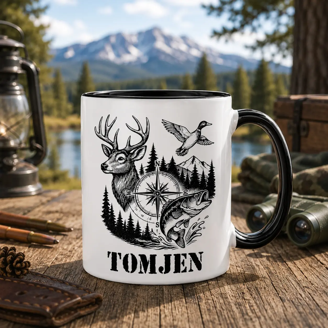 Personalized Hunting Fishing Coffee Mug, Custom Deer Duck Fish Ceramic Mug with Custom Name, Outdoor Hunter Gift for Men