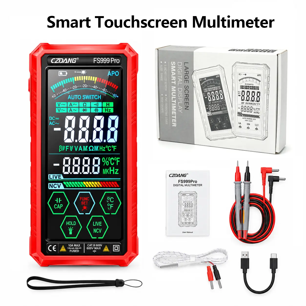 CZDANG FS999Pro Smart Touchscreen Digital Multimeter, 6000 Counts Color Display, AC/DC Voltage Current Resistance Capacitance Frequency Temp Tester with NCV