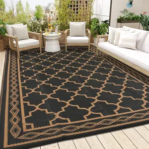 9x18 Outdoor Patio Rug, Large Waterproof Reversible Carpet for Deck Backyard Balcony, Plastic Straw RV Camping Mat Easy Clean,Black/Brown